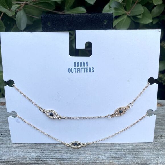 NWT New Urban Outfitters OU Gold/Blue Double Layer Evil Eye Pendant Necklace - Picture 2 of 4